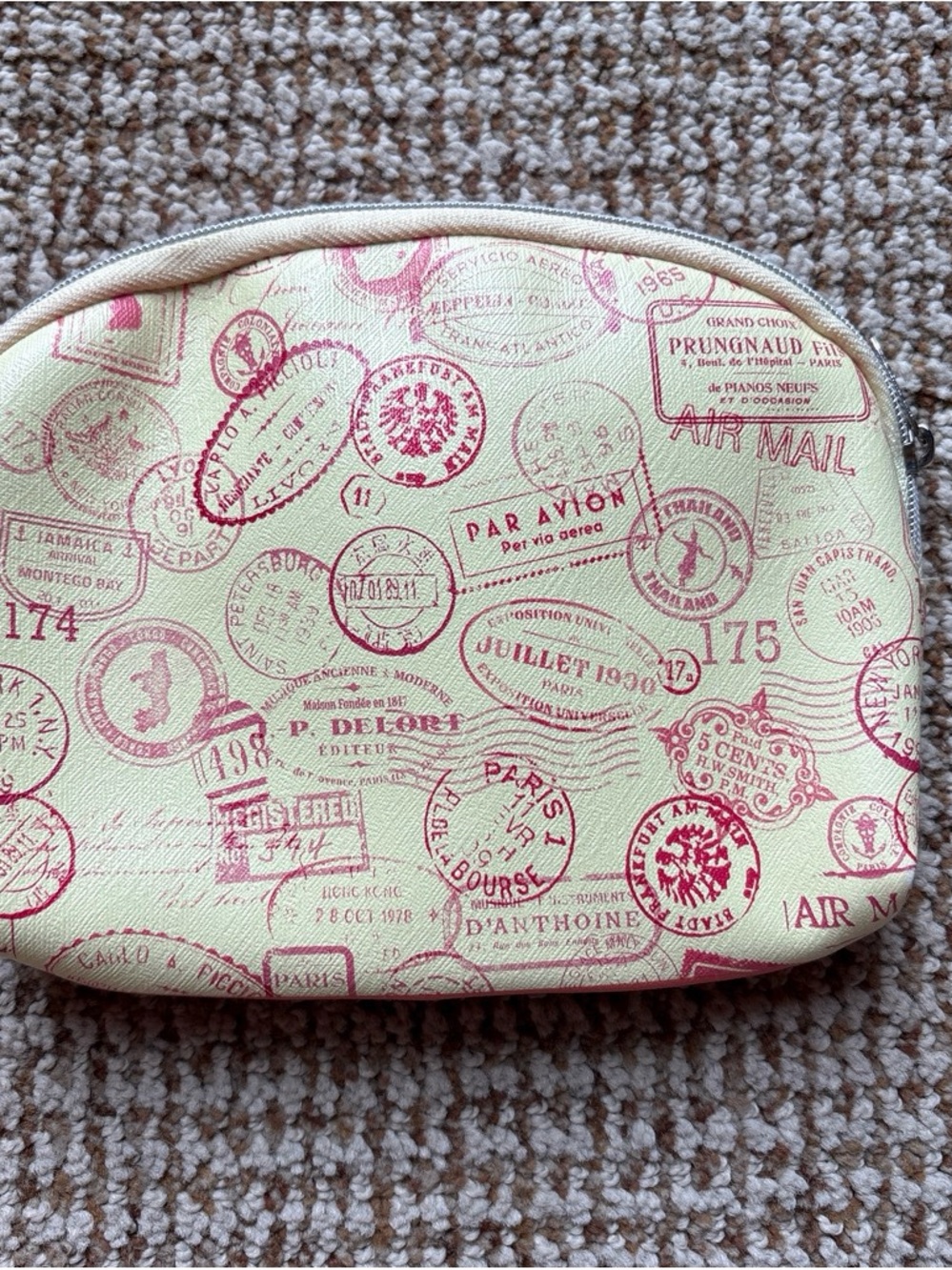 ipsy Passport Stamp Print Cosmetic Bag in Cream and Pink